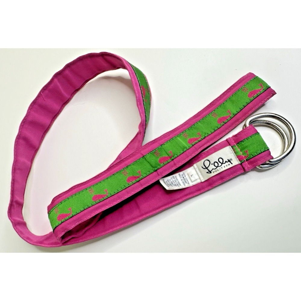Lilly Pulitzer Whale D Ring Belt Preppy College Pink Green Sz L Canvas Cotton